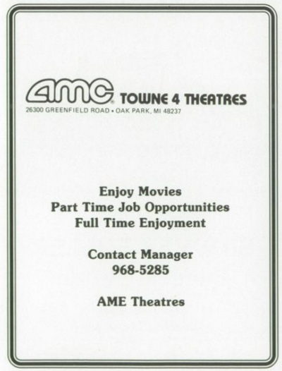 Towne Theatres 4 (AMC Towne 4 Theatres) - 1987 Berkley High Yearbook Ad (newer photo)